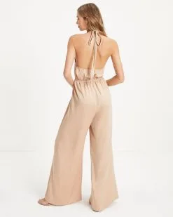Chelsea Satin Halter Cutout Jumpsuit - Tan - FINAL SALE -clothes Sales 02 ChelseaSatinHalterCutoutJumpsuit Tan 0284
