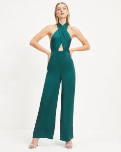 Selena Satin Criss Cross Halter Jumpsuit - Hunter Green - FINAL SALE