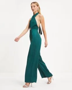 Selena Satin Criss Cross Halter Jumpsuit - Hunter Green - FINAL SALE -clothes Sales 02 SelenaSatinCrissCrossHalterJumpsuit HunterGreen 0364
