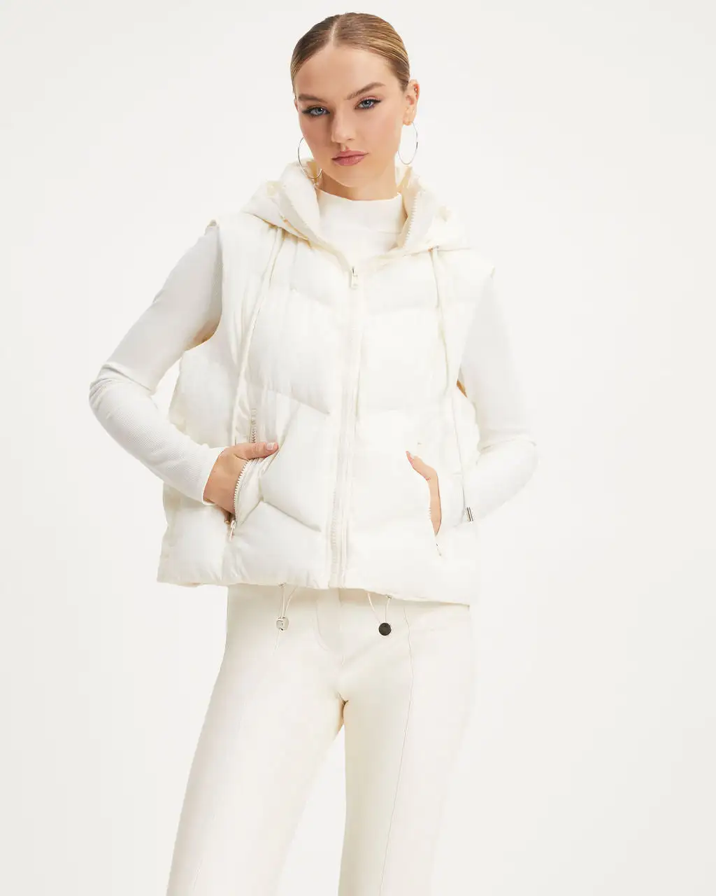 Winter In Aspen Pocketed Hooded Puffer Vest - Off White - FINAL SALE 1 Winter In Aspen Pocketed Hooded Puffer Vest - Off White - FINAL SALE
