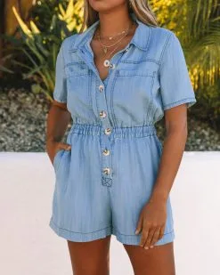 Pierre Tencel Pocketed Button Down Romper - Denim Blue - LAST CHANCE -clothes Sales 0L4A0987