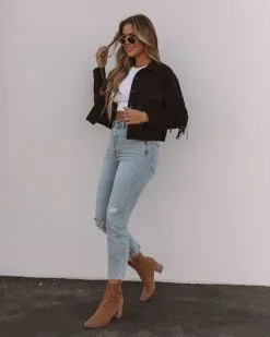 Daron Cropped Fringe Faux Suede Jacket - Black - FINAL SALE -clothes Sales 0L4A9374