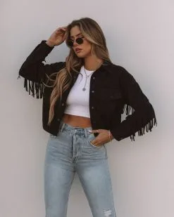 Daron Cropped Fringe Faux Suede Jacket - Black - FINAL SALE