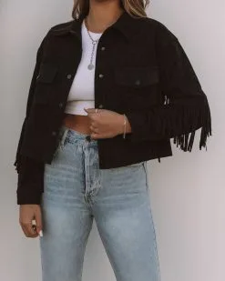 Daron Cropped Fringe Faux Suede Jacket - Black - FINAL SALE -clothes Sales 0L4A9391