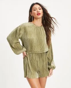 Good Vibes Only Plisse Metallic Romper - Sage - FINAL SALE -clothes Sales 11 GoodVibesOnlyPlisseMetallicRomper Sage 1613