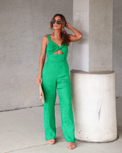 Lacey Plisse Cutout Pocketed Jumpsuit - Green