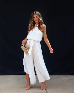 Sway My Way Halter Split Hem Jumpsuit - White