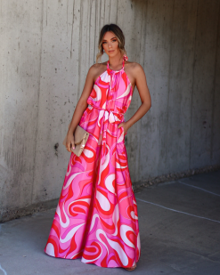 Bonnie Satin Printed Halter Pocketed Jumpsuit - SALE