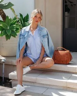 Abie Cotton Blend Pocketed Button Down Striped Romper - Blue - LAST CHANCE -clothes Sales AbieCottonBlendPocketedButtonDownStripedRomperBlue111