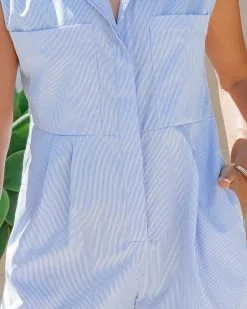 Abie Cotton Blend Pocketed Button Down Striped Romper - Blue - LAST CHANCE -clothes Sales AbieCottonBlendPocketedButtonDownStripedRomperBlue68