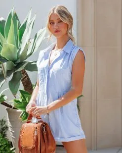 Abie Cotton Blend Pocketed Button Down Striped Romper - Blue - LAST CHANCE -clothes Sales AbieCottonBlendPocketedButtonDownStripedRomperBlue80