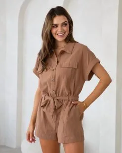 Adventure Seeking Cotton Utility Romper - Dark Taupe - FINAL SALE