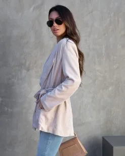 Analia Faux Suede Pocketed Waist Tie Jacket - Light Taupe - FINAL SALE -clothes Sales AnaliaFauxSuedePocketedWaistTieJacket LightTaupe 117