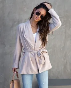 Analia Faux Suede Pocketed Waist Tie Jacket - Light Taupe - FINAL SALE