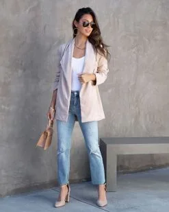 Analia Faux Suede Pocketed Waist Tie Jacket - Light Taupe - FINAL SALE -clothes Sales AnaliaFauxSuedePocketedWaistTieJacket LightTaupe 145