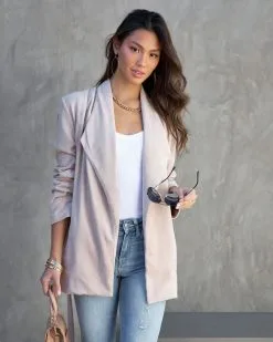 Analia Faux Suede Pocketed Waist Tie Jacket - Light Taupe - FINAL SALE -clothes Sales AnaliaFauxSuedePocketedWaistTieJacket LightTaupe 151