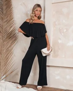 Antonella Off The Shoulder Pocketed Jumpsuit - Black - SALE