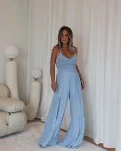 Delaney Crochet Halter Wide Leg Jumpsuit - Light Blue