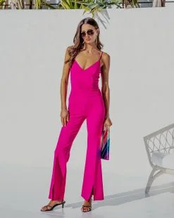 Bijou Split Hem Flare Jumpsuit - Magenta - SALE -clothes Sales BijouSplitHemFlareJumpsuit Magenta 5023