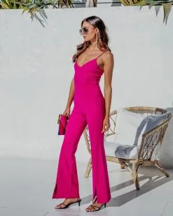 Bijou Split Hem Flare Jumpsuit - Magenta - SALE -clothes Sales BijouSplitHemFlareJumpsuit Magenta 5089