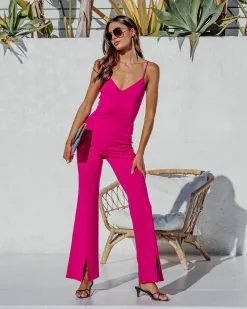 Bijou Split Hem Flare Jumpsuit - Magenta - SALE -clothes Sales BijouSplitHemFlareJumpsuit Magenta 5189