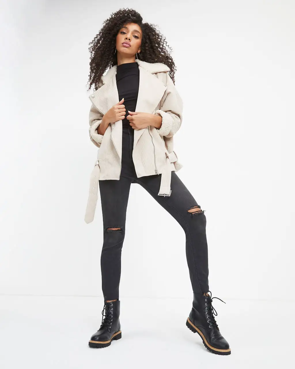 Blake Corduroy Faux Sherpa Moto Jacket - Cream - FINAL SALE 3 Blake Corduroy Faux Sherpa Moto Jacket - Cream - FINAL SALE - Image 3