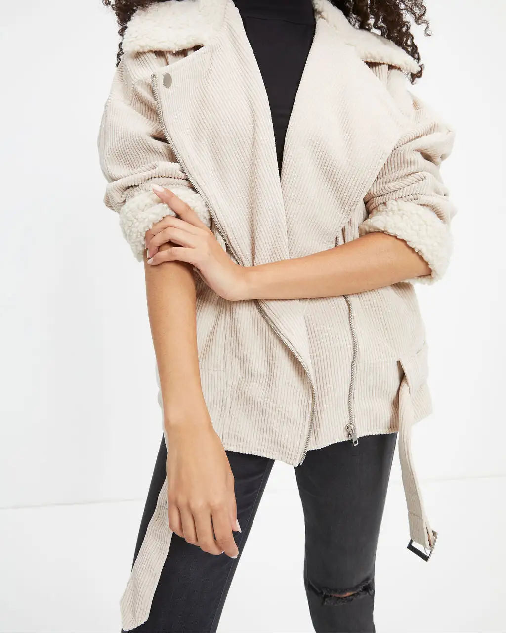 Blake Corduroy Faux Sherpa Moto Jacket - Cream - FINAL SALE 5 Blake Corduroy Faux Sherpa Moto Jacket - Cream - FINAL SALE - Image 5