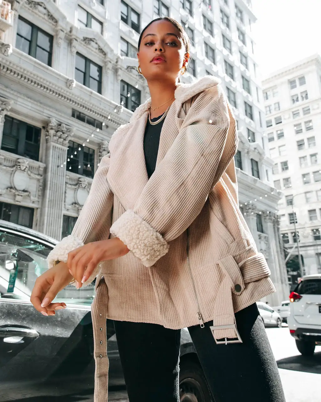 Blake Corduroy Faux Sherpa Moto Jacket - Cream - FINAL SALE 2 Blake Corduroy Faux Sherpa Moto Jacket - Cream - FINAL SALE - Image 2