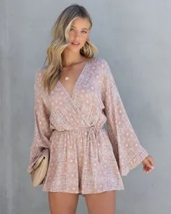 Bohemian Summer Printed Bell Sleeve Romper - Taupe - FINAL SALE