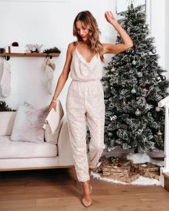 Came To Impress Sequin Halter Jumpsuit - Ivory - FINAL SALE -clothes Sales CameToImpressSequinHalterJumpsuit Ivory 5