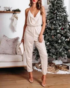 Came To Impress Sequin Halter Jumpsuit - Ivory - FINAL SALE