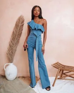 Cameran Cotton One Shoulder Flare Jumpsuit - Denim - SALE