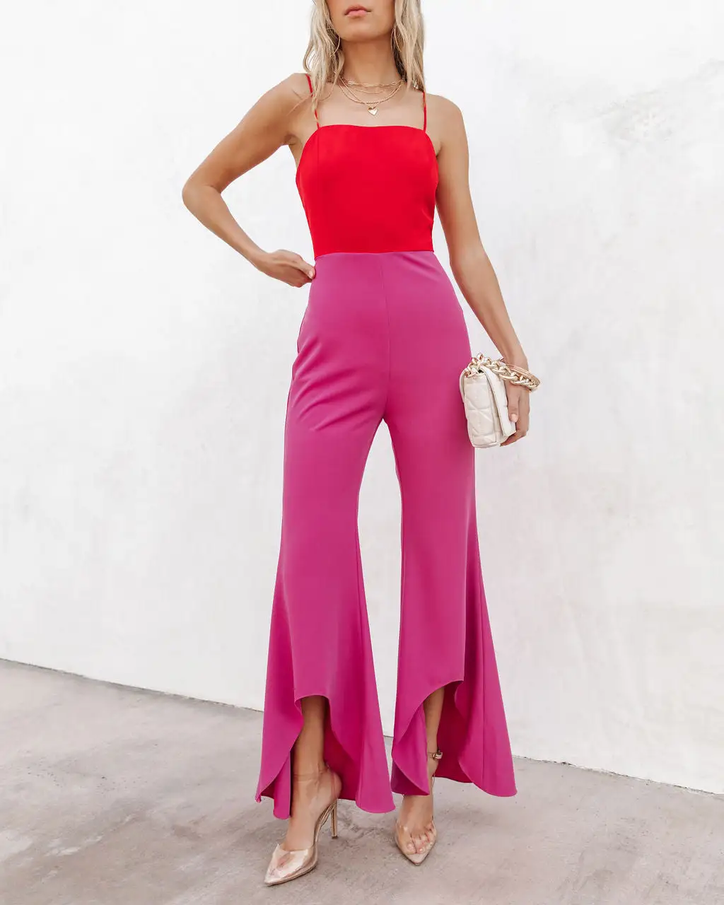 Cherie Colorblock Flare Jumpsuit - Red/Fuchsia - SALE 2 Cherie Colorblock Flare Jumpsuit - Red/Fuchsia - SALE - Image 2