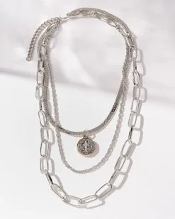 Clyde Layered Coin Necklace - Silver