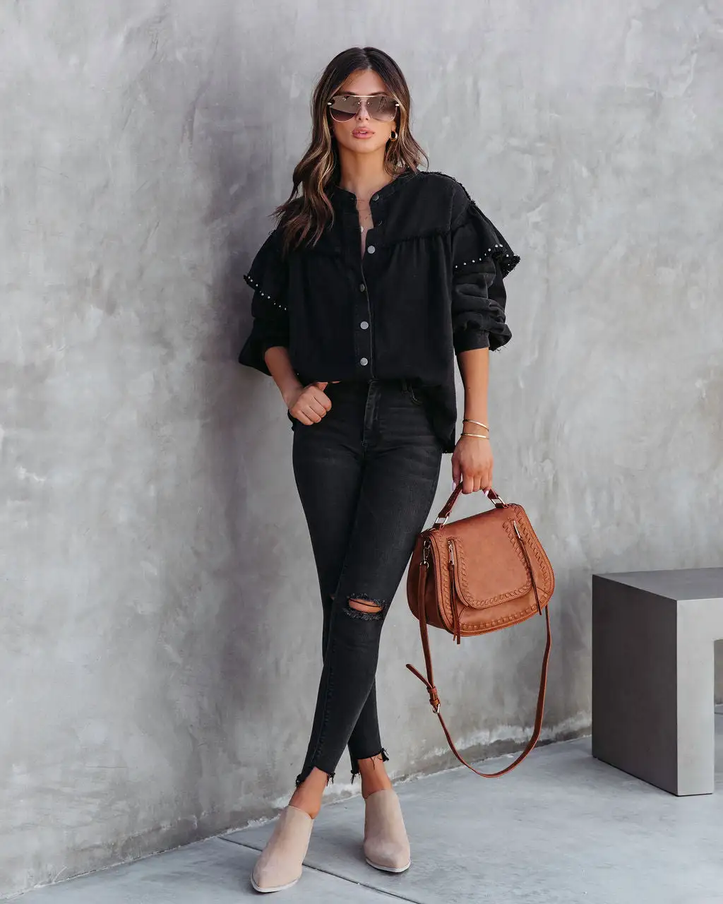 Darcey Denim Studded Frayed Lightweight Jacket - Black - FINAL SALE 1 Darcey Denim Studded Frayed Lightweight Jacket - Black - FINAL SALE