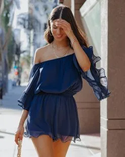 Definitely Demure Off The Shoulder Chiffon Romper - Navy -clothes Sales DefinitelyDemureOffTheShoulderChiffonRomperNavy124