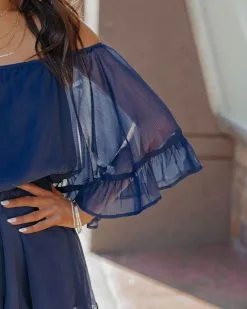 Definitely Demure Off The Shoulder Chiffon Romper - Navy -clothes Sales DefinitelyDemureOffTheShoulderChiffonRomperNavy14