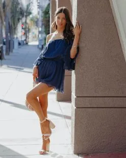 Definitely Demure Off The Shoulder Chiffon Romper - Navy -clothes Sales DefinitelyDemureOffTheShoulderChiffonRomperNavy75