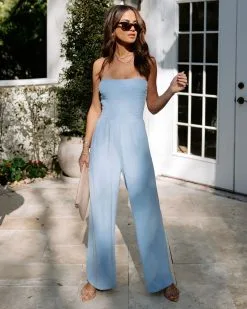 Olivia Smocked Strapless Jumpsuit - Light Blue