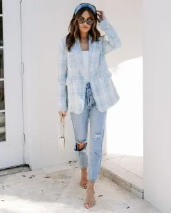 Act With Class Tweed Pocketed Frayed Hem Blazer - Light Blue/White - SALE -clothes Sales EM4A2409