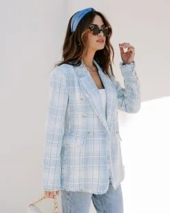Act With Class Tweed Pocketed Frayed Hem Blazer - Light Blue/White - SALE -clothes Sales EM4A2427