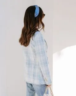 Act With Class Tweed Pocketed Frayed Hem Blazer - Light Blue/White - SALE -clothes Sales EM4A2438