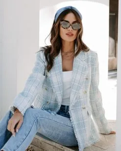 Act With Class Tweed Pocketed Frayed Hem Blazer - Light Blue/White - SALE -clothes Sales EM4A2453