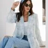 Act With Class Tweed Pocketed Frayed Hem Blazer - Light Blue/White - SALE