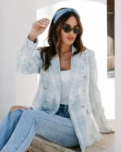 Act With Class Tweed Pocketed Frayed Hem Blazer - Light Blue/White - SALE
