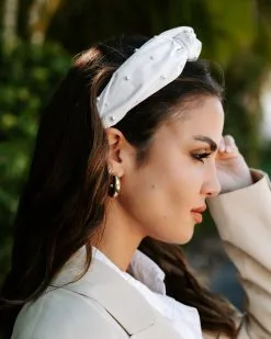 Angela Twisted Front Pearl Embellished Headband - White - SALE