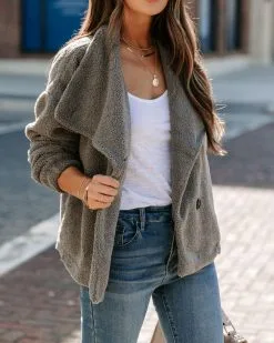 Martha Pocketed Drape Sherpa Jacket - Charcoal - FINAL SALE -clothes Sales EM4A3870