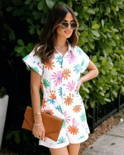 Maritza Floral Denim Romper - White