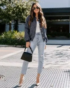 Modern Day Chic Tweed Pocketed Bomber Jacket - Navy - FINAL SALE -clothes Sales EM4A5574