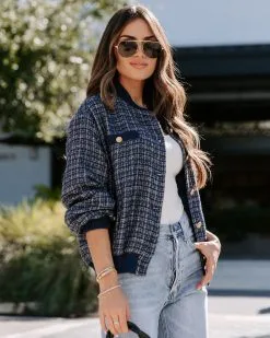 Modern Day Chic Tweed Pocketed Bomber Jacket - Navy - FINAL SALE -clothes Sales EM4A5614